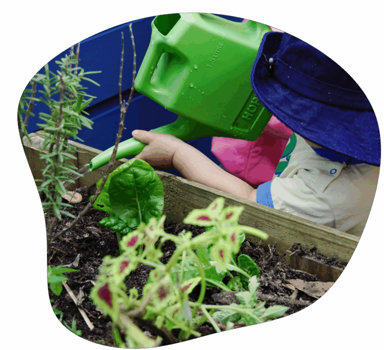 A baby watering the garden at Sanctuary Ashmore - a child care centre in Ashmore.